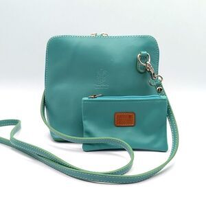 Vera Pelle Italian Leather Small Aqua Crossbody Bag w/ Matching Coin Purse